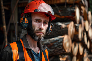 Serious lumberjack in safety gear at sawmill