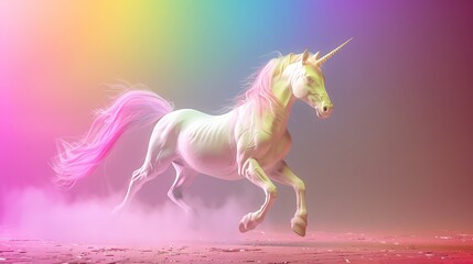 Poster - A 3D render of a white unicorn with a gold horn, against a pink and blue background.