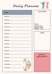 Wall Mural - French style planner template with sections for schedule, notes, reminders and daily confirmations. Includes illustrations of French food - croissant and macaroons.