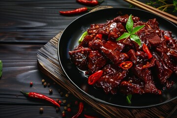 Canvas Print - Spicy beef with red chili peppers and herbs on black plate.