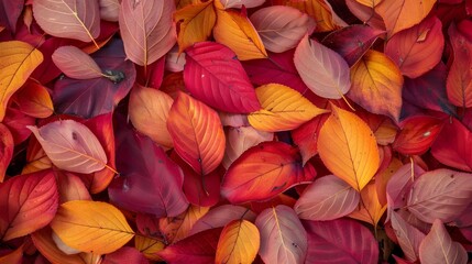 Wall Mural - Beautiful red and orange autumn leaves on the ground. Colorful image of fallen leaves for seasonal use. You can add text to it.