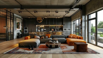 Poster - Spacious open-plan living area with modern furnishings, artistic accents, and a harmonious blend of textures