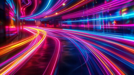 Poster - Flowing neon lines create a dazzling background. They represent the dynamic motion of light trails captured using long exposure. This futuristic concept evokes a sense of technological advancement.