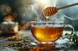 © BetterPhoto - A steaming cup of tea with honey being drizzled into it, evoking warmth and relaxation.