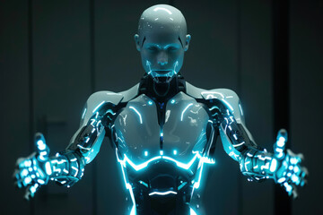 Poster - White and blue robot is opening its hands, showing its artificial intelligence
