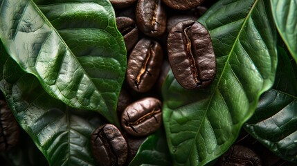 Wall Mural - Close up of coffee bean background with leaves, top view. Photorealistic high resolution macro photography for advertising or food design. 