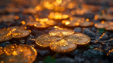 Shiny gold coins scattered on the ground, glistening in the sunlight.