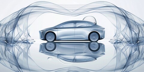 Poster - Futuristic electric car with sleek and aerodynamic design, showcasing advanced technology and innovative concept in a modern and artistic urban setting