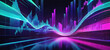 © svf74 - Abstract futuristic vision of financial analysis,representation of stock market fluctuations with glowing bars in neon blue purple colors against blurred cityscape.Generative AI