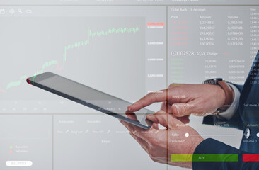 Poster - Business man, hands and tablet with stock market overlay with investment portfolio and financial app. Trading, online investing and corporate employee with tech and cyber statistics at fintech work