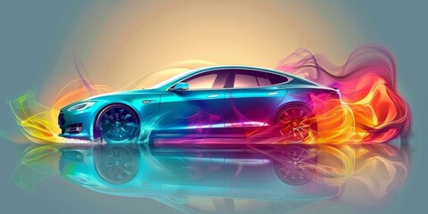 Poster - Colorful abstract depiction of a modern electric car with vibrant neon lines, showcasing dynamic motion and futuristic automotive design