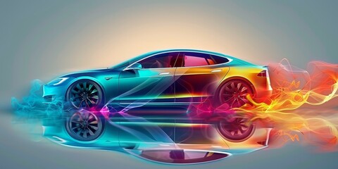 Poster - Colorful abstract depiction of a modern electric car with vibrant neon lines, showcasing dynamic motion and futuristic automotive design