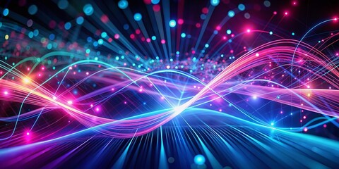 Fototapete - Vibrant pink and blue neon lines pulse through a dark abstract background, surrounded by bokeh lights, evoking a sense of rapid data transfer and digital connectivity.