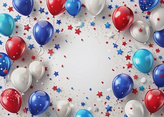 Wall Mural - Vibrant blue, white, and red balloons and stars confetti overflow on a pristine white background, surrounded by empty copy space, perfect for patriotic holiday designs.