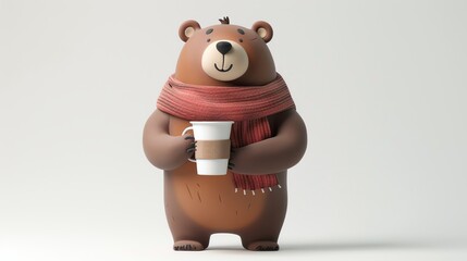 Sticker - A 3D render of a cartoon bear wearing a scarf and holding a cup of coffee.