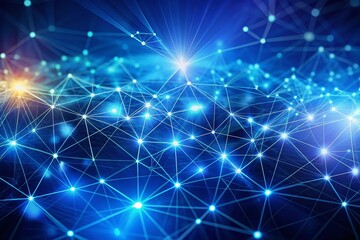 Fototapete - Vibrant blue abstract background featuring a futuristic cyber network grid with shimmering connected particles, representing global data connections and digital communication networks.