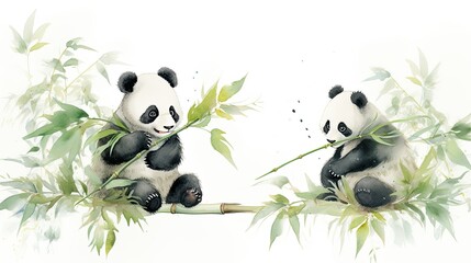 Canvas Print - two pandas playing on bamboo shoots