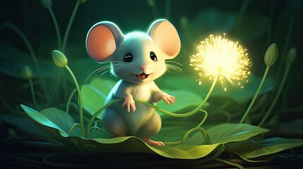 Canvas Print - A cute mouse holding up an alien flower 