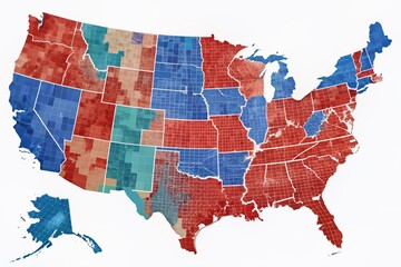 A meticulously illustrated map of the United States highlights crucial electoral districts, counties, and swing states, providing an in-depth visual analysis for policymakers and researchers.