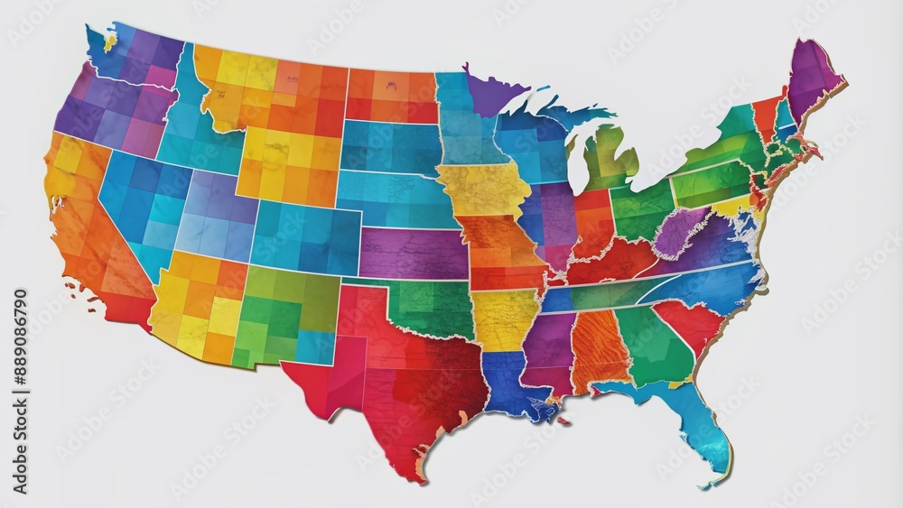 Vibrant colorful map of the United States showcases each state uniquely