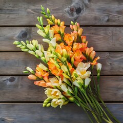 Fresh freesia flowers on wooden table background