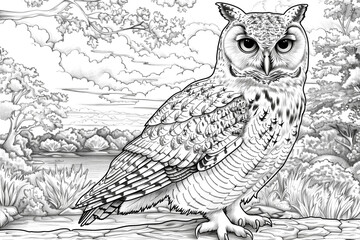 Wall Mural - A drawing of an owl in a forest setting. The owl is looking to the right