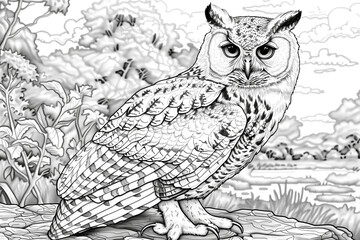 Wall Mural - A black and white drawing of an owl sitting on a log in a forest. The owl has its eyes open and he is looking at the viewer