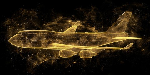 Poster - Futuristic hologram of an airplane, showcasing advanced aviation technology and digital innovation in a glowing, abstract visualization of modern aircraft design