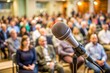 © Four888 - Town hall meeting scene with microphone in foreground, blurred audience, and panel of speakers in background, awaiting candidate answers to pressing community questions.