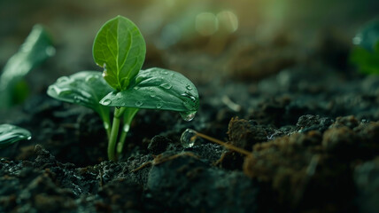 Wall Mural - A green seedling with 2 leaves growing from the soil, a droplet of water hanging from the tip of a leaf