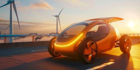Aufkleber - Eco-friendly car model on solar panels with wind turbines in the background, showcasing renewable energy and green technology for a sustainable future