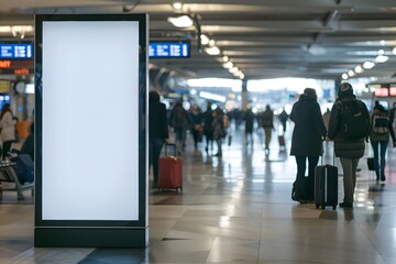 Wall Mural - Mockup of a blank digital billboard in a bustling airport terminal with travelers and luggage in the background