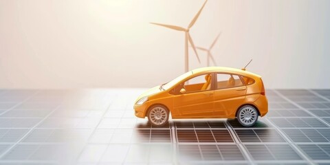 Aufkleber - Eco-friendly car model on solar panels with wind turbines in the background, showcasing renewable energy and green technology for a sustainable future