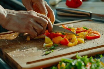 Slicing romaine lettuce for a chopped salad - close up ANTIPASTO SALAD SERIES. Beautiful simple AI generated image in 4K, unique.