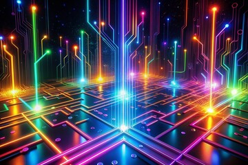 Poster - Vibrant neon circuits and glowing fibers intertwine in a mesmerizing dance, illuminating the dark cosmos of a futuristic digital realm, where data pulses and networks converge.