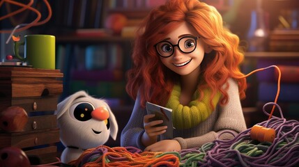 Sticker - A young woman with red hair and glasses knitting