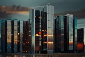 Wall Mural - modern city skyline at evening, sleek buildings in urban city 