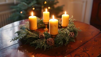 Sticker - Advent wreath with four lit candles on vintage wooden table