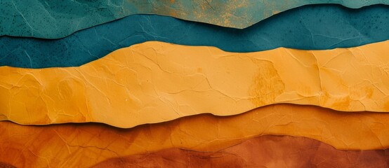 Poster - Abstract background forming colorful horizontal wavy stripes in teal, yellow and brown, resembling a vintage landscape painting