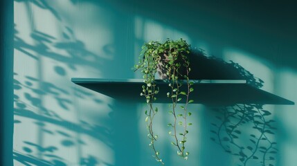 Poster - Houseplant hanging on blue wall shelf