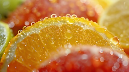 Wall Mural - close-up of a juicy orange slice with water droplets.