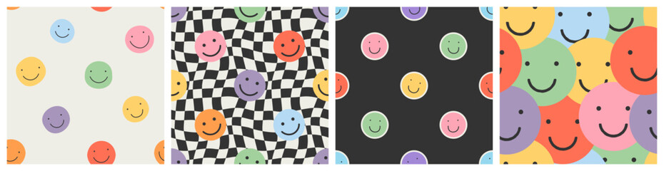 Poster - Funny smiling happy face colorful checkered seamless pattern set. Retro psychedelic checker board tile smile icon background texture collection. Trendy cartoon doodle wallpaper.