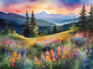 Wall Mural - A watercolor painting of a mountainous landscape with wildflowers