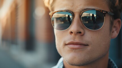 Canvas Print - A young man with blond hair and a beard wearing sunglasses.