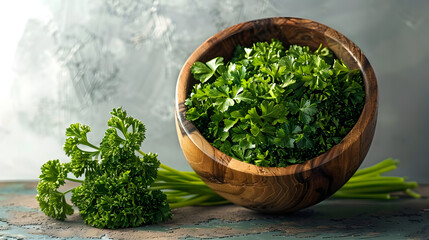 Canvas Print - A wooden bowl filled with various green vegetables and a bunch of fresh parsley