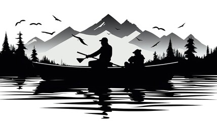 Wall Mural - a black and white silhouette of fisherman in boat on lake with trees