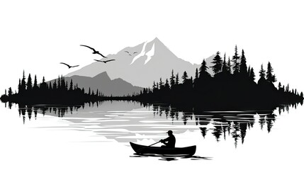 Poster - a black and white silhouette of fisherman in boat 