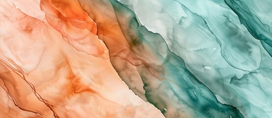 Poster - Abstract fluid art painting in alcohol ink technique creating dynamic shapes with copy space in shades of turquoise and orange