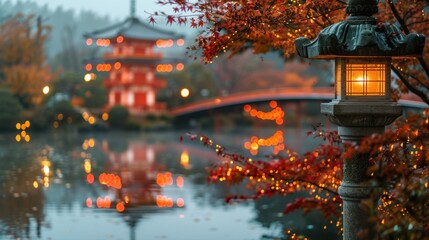 Wall Mural - A lantern is lit up next to a bridge over a body of water. The lantern is lit up in the evening, creating a warm and inviting atmosphere. The bridge and the water create a serene and peaceful scene