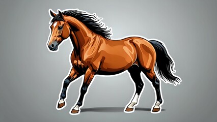 A brown horse with a black mane and tail runs across a gray background.